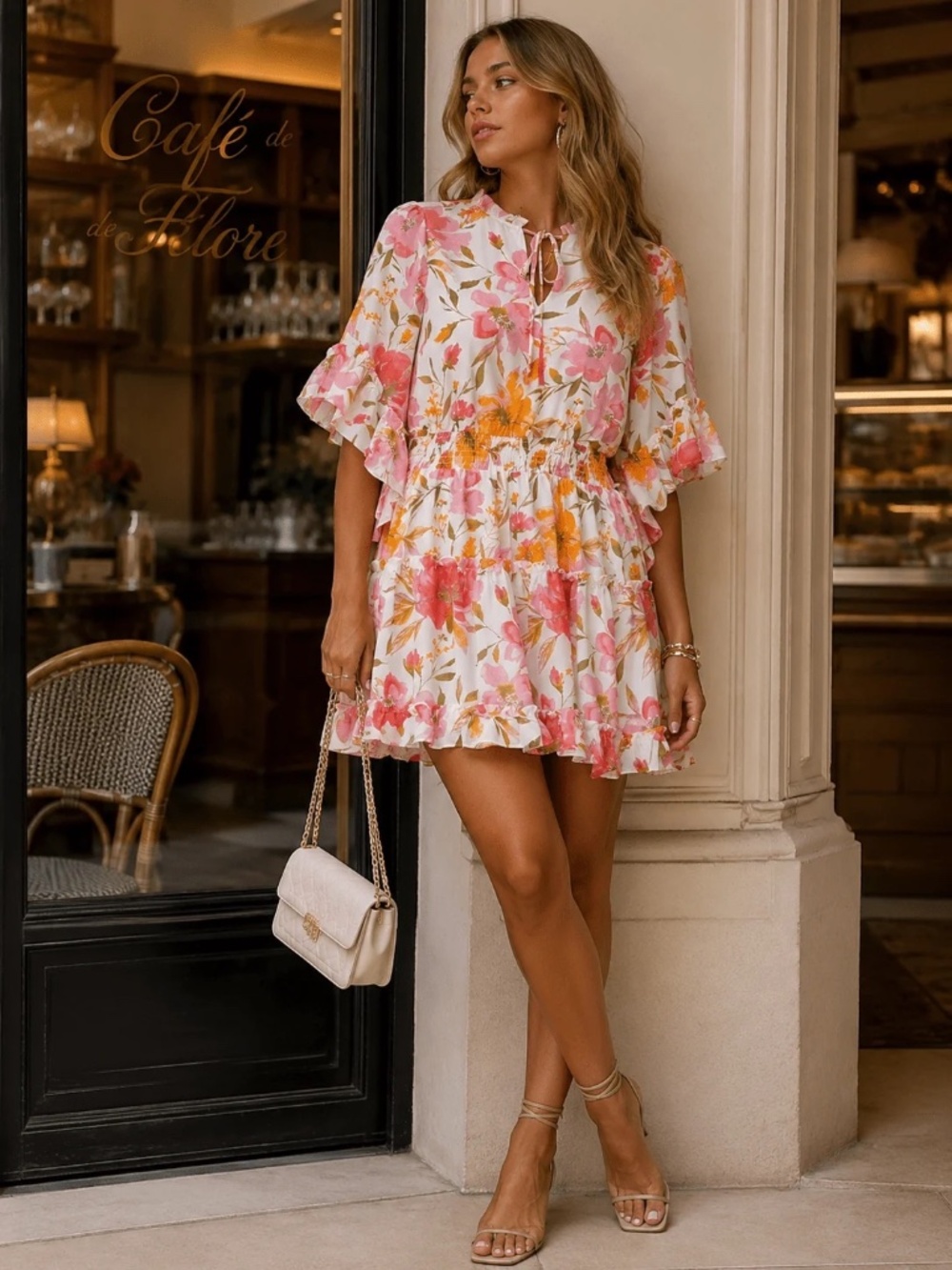 "Sugarlips" Women's Short Ruffle Sleeve V-Neck Smock Waist Floral Mini Dress